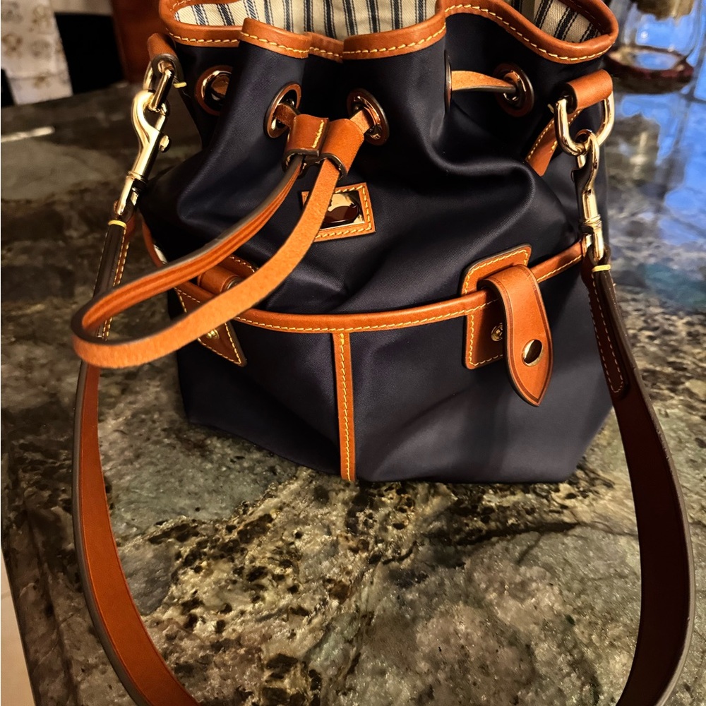 Dooney & Bourke Wayfarer Navy and Tan Nylon Bucket Bag